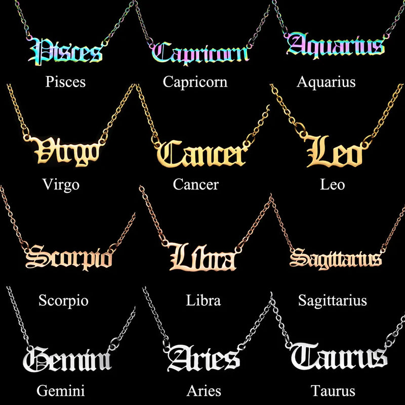 Old English Zodiac Letter Pendant Necklace for Women