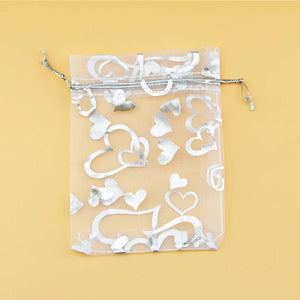 100Pcs Silver Heart Print Organza Bag 7x9cm for Wedding Charms Jewelry Packaging
