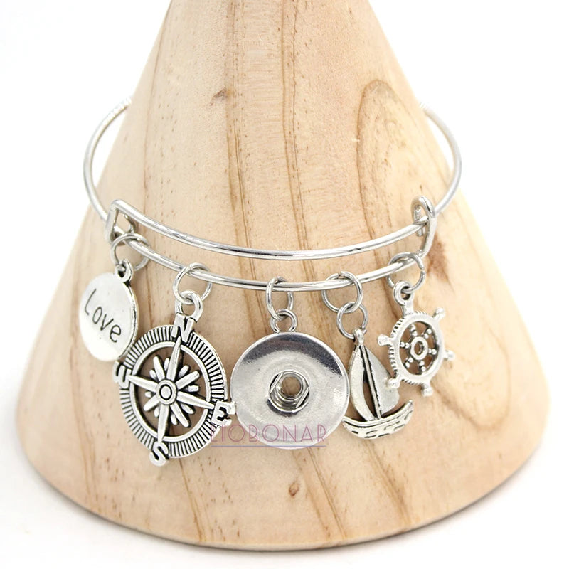 10PCS Nautical Shipwheel Sailboat Charm Bracelet For Women 18mm Snap