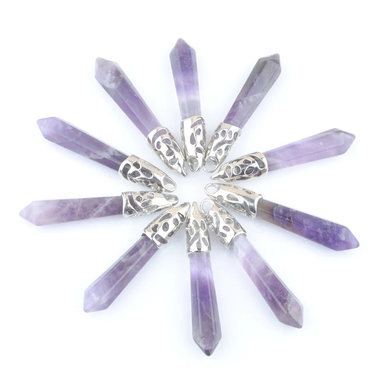 10Pcs Amethysts Hexagonal Pillar Charms Pendants Pointed Reiki Chakra Beads