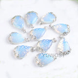 Natural Stone Teardrop Pendant with Metal Flower Inlay Opal Jewelry