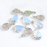Natural Stone Teardrop Pendant with Metal Flower Inlay Opal Jewelry