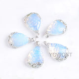Natural Stone Teardrop Pendant with Metal Flower Inlay Opal Jewelry