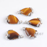 10Pcs Tigers Eye Teardrop Pendant Metal Flower Inlay Jewelry