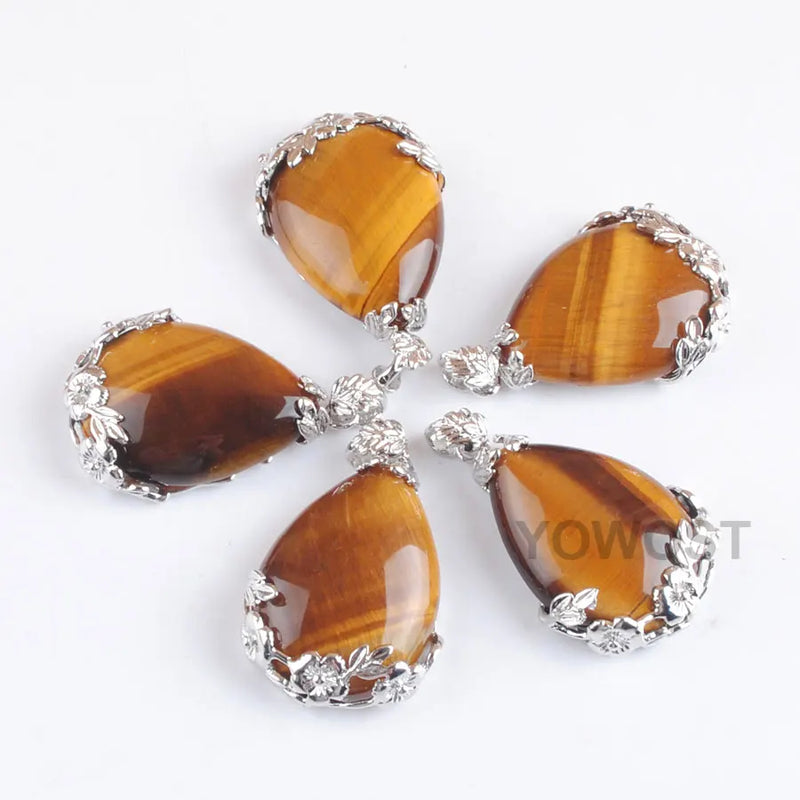 10Pcs Tigers Eye Teardrop Pendant Metal Flower Inlay Jewelry