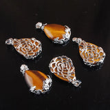 10Pcs Tigers Eye Teardrop Pendant Metal Flower Inlay Jewelry