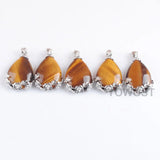 10Pcs Tigers Eye Teardrop Pendant Metal Flower Inlay Jewelry