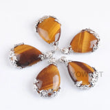 10Pcs Tigers Eye Teardrop Pendant Metal Flower Inlay Jewelry