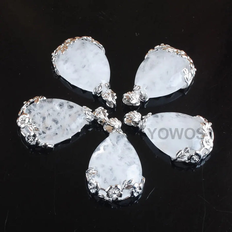 Natural Stone Teardrop Pendant Metal Flower Crystal Jewelry