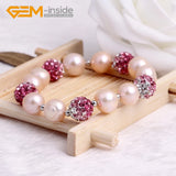 Pink Pearl & Pink Rhinestone Pave Disc Ball Bead Elastic Bracelet Jewelry