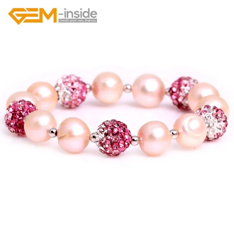 Pink Pearl & Pink Rhinestone Pave Disc Ball Bead Elastic Bracelet Jewelry