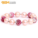 Pink Pearl & Pink Rhinestone Pave Disc Ball Bead Elastic Bracelet Jewelry