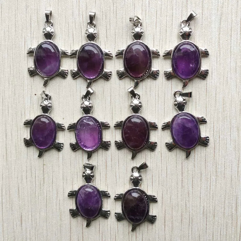 10pcs Amethyst Stone Turtle Pendants for Necklace Making