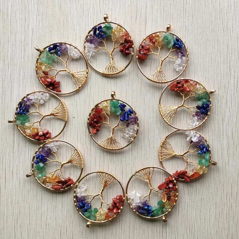 10pcs/lot Mixed Natural Stone Tree of Life Wire Wrapped Pendants 50mm