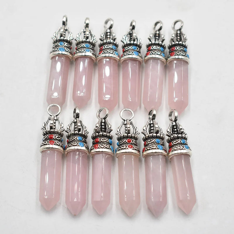 24pcs Roses Quartz Pillar Charms Pendants Jewelry Making