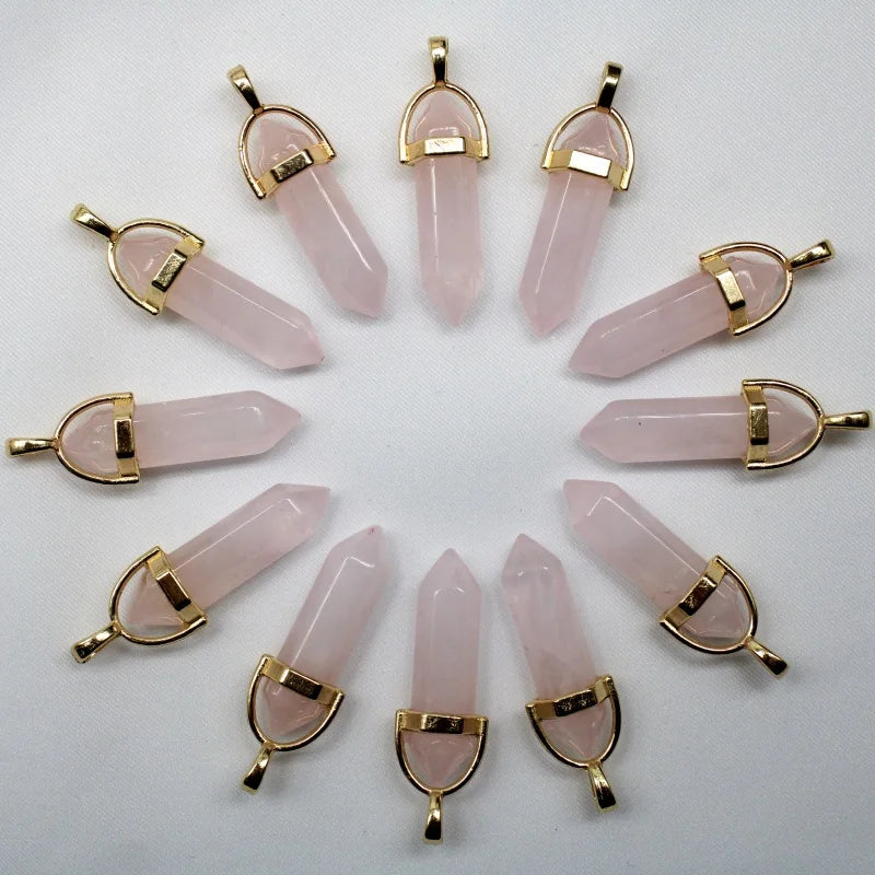 12PCS Natural Stone Hexagonal Column Quartz Crystal Pillar Pendant