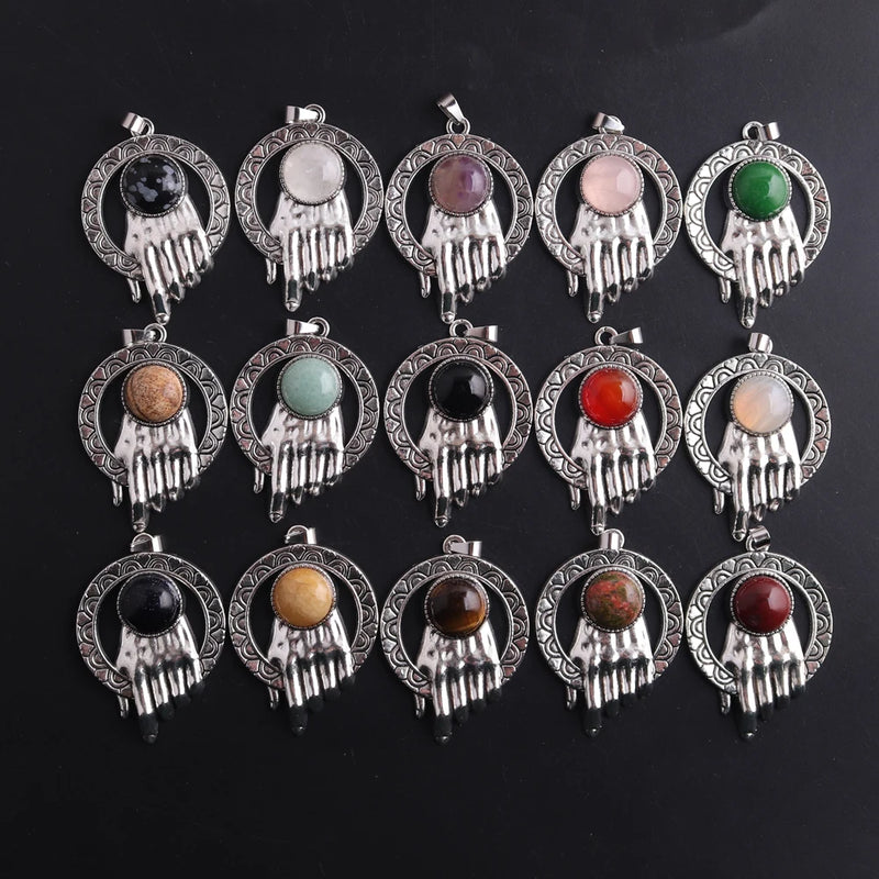 12Pcs Green Aventurine Stone Bronze Palm Healing Reiki Pendant