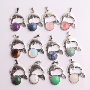 12Pcs/Lots 16mm Rose Opal Round Agates Sliver Dolphin Pendant Necklace