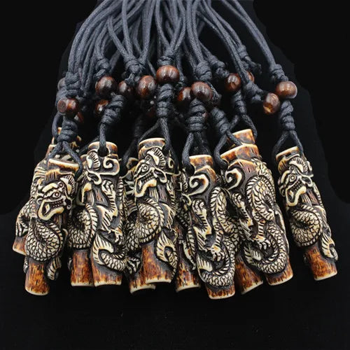12pcs Dragon Totem Pendant Wood Beads Amulet Necklace MN112