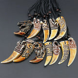 12pcs Mixed Bone Carved Dragon Totem Shark/Wolf Tooth Pendant Necklace