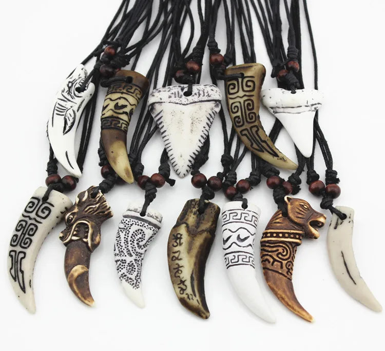 12pcs Mixed Bone Carved Dragon Totem Shark/Wolf Tooth Pendant Necklace