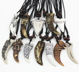 12pcs Mixed Bone Carved Dragon Totem Shark/Wolf Tooth Pendant Necklace