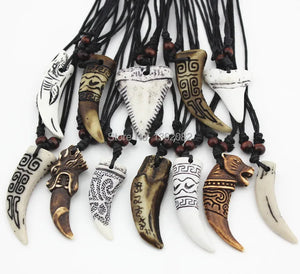 12pcs Mixed Bone Carved Dragon Totem Shark/Wolf Tooth Pendant Necklace
