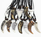 12pcs Mixed Bone Carved Dragon Totem Shark/Wolf Tooth Pendant Necklace