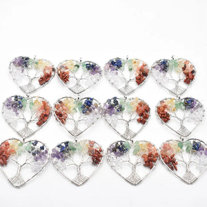 12pcs Chakra Stone Tree of Life Heart Pendants for Jewelry Making