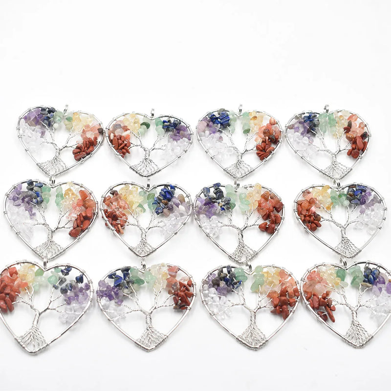 12pcs Chakra Stone Tree of Life Heart Pendants for Jewelry Making