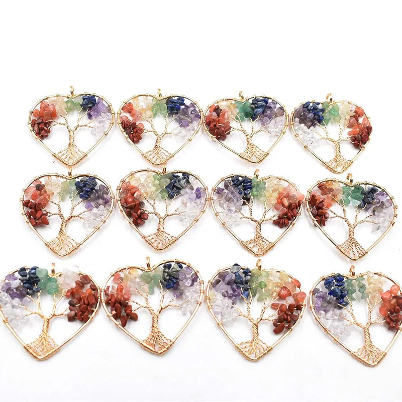 12pcs 7 Chakra Tree of Life Heart-Shaped Pendants