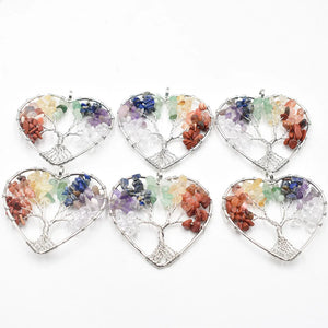 12pcs Chakra Stone Tree of Life Heart Pendants for Jewelry Making