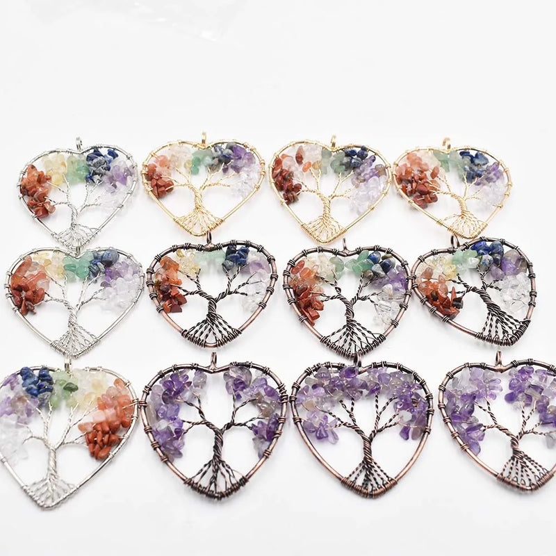 12pcs 7 Chakra Stone Tree of Life Heart Pendants for Jewelry Making