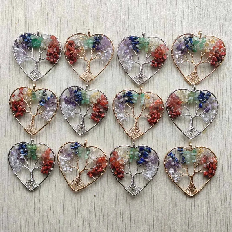 12pcs 7 Chakras Stone Wire Wrapped Tree of Life Heart Pendants