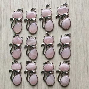 12pcs Natural Pink Rose Quartz Cat Pendants for Jewelry Making