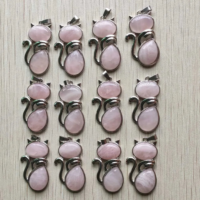 12pcs Natural Pink Rose Quartz Cat Pendants for Jewelry Making