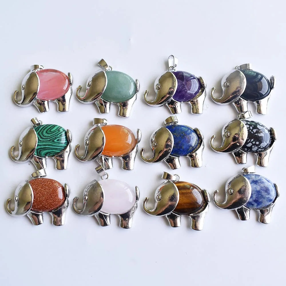 12pcs Elephant Necklace Pendants - Natural Stone Antique Silver Animal Charms