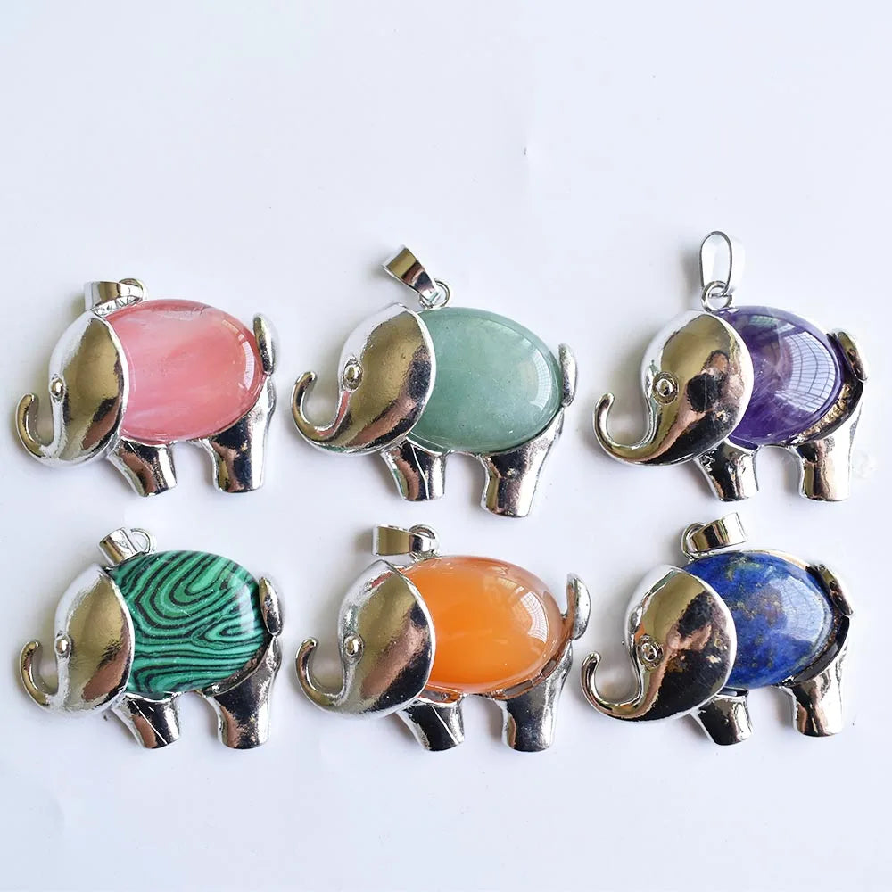 12pcs Elephant Necklace Pendants - Natural Stone Antique Silver Animal Charms
