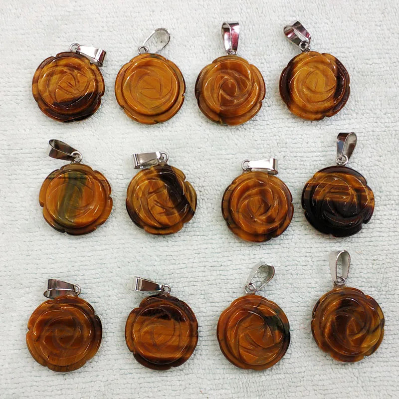12pcs Tiger Eye Stone Rose Flower Charms Pendants for Jewelry Making