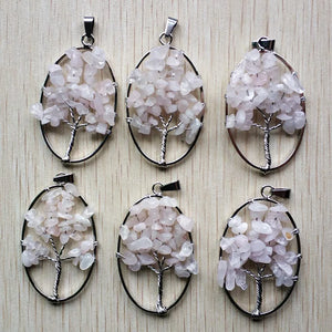 12pcs Natural Stone Tree of Life Wire Wrapped Oval Pendants