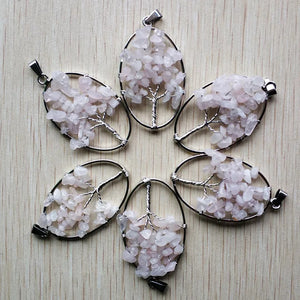 12pcs Natural Stone Tree of Life Wire Wrapped Oval Pendants