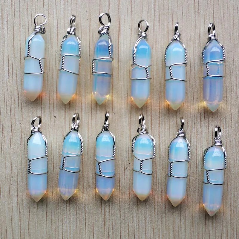 12pcs Opal Stone Pillar Chakra Charms Pendants 8x32mm