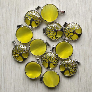 12pcs Yellow Cat Eye Stone Tree of Life Pendants for Jewelry Making