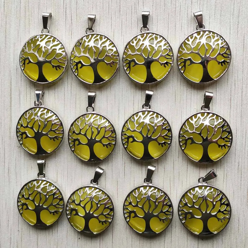 12pcs Yellow Cat Eye Stone Tree of Life Pendants for Jewelry Making