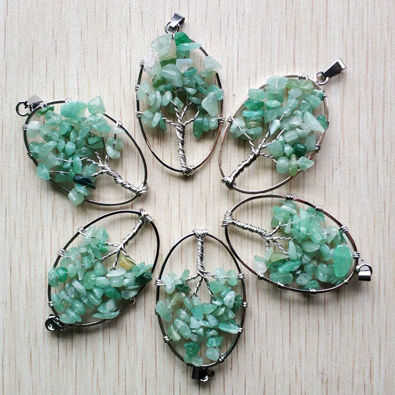 Green Aventurine Tree of Life Wire Wrapped Oval Pendants Lot