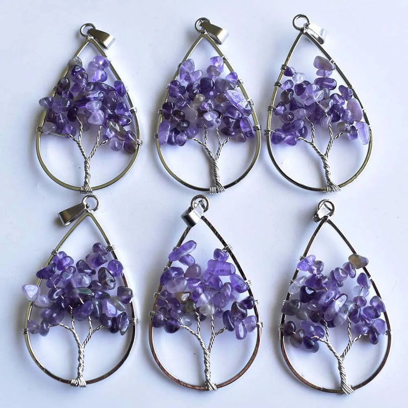 12pcs Purple Crystal Tree of Life Pendants Wire Wrapped Drop Shape