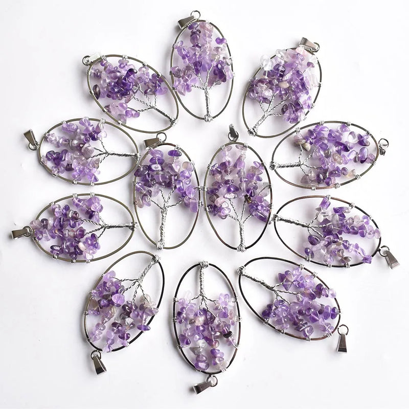 12pcs Amethysts Tree of Life Wire Wrapped Oval Pendants for Jewelry Making
