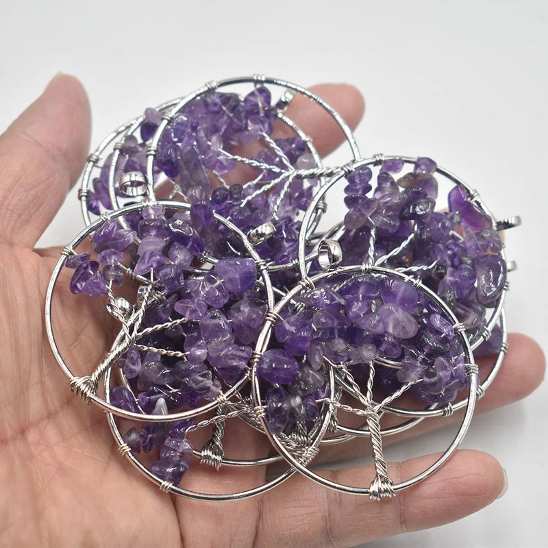12pcs Natural Stone Amethyst Tree of Life Wire Wrapped Pendants 50mm