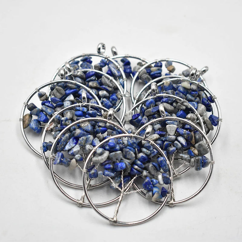 12pcs Natural Stone Lapis Lazuli Tree of Life Wire Wrapped Pendants 50mm