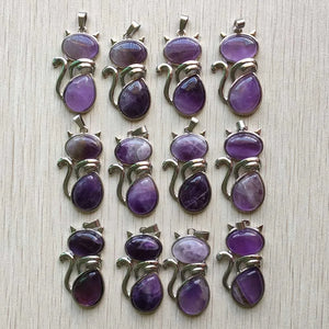 12pcs Natural Amethyst Stone Cat Shape Pendants for Jewelry Making